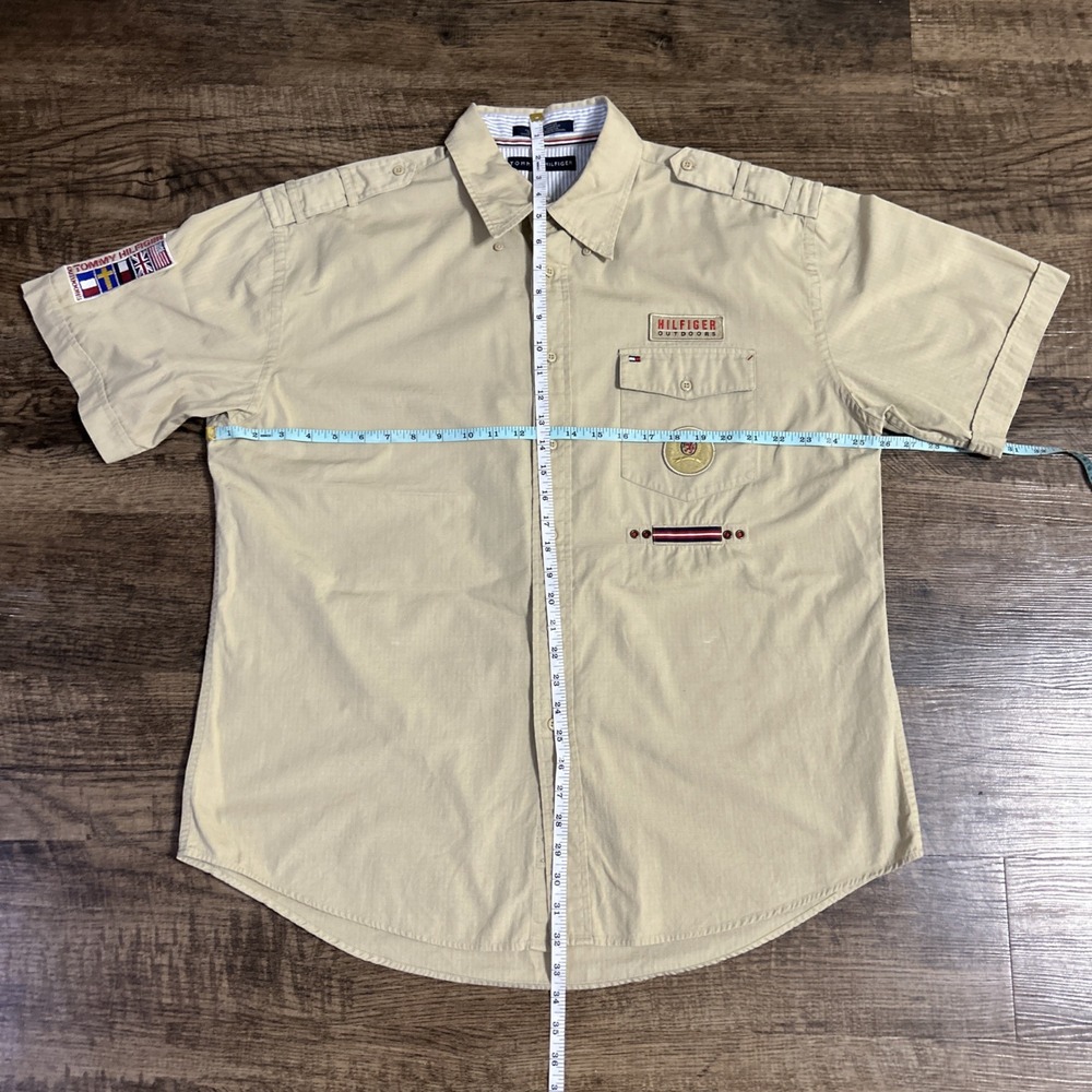 Vintage Tommy Hilfiger Shirt Men XL Tan Button Up Safari Patch Work - Picture 10 of 10